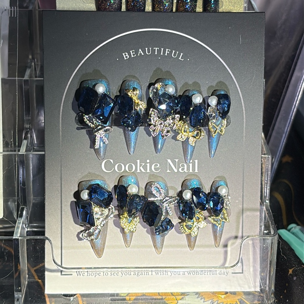 XS Handmade Nail Set with Blue and Silver Accents length 3.0